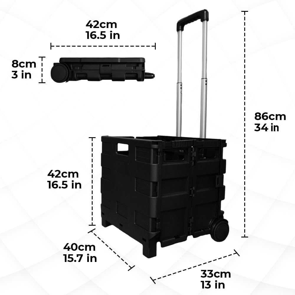 88lbs Foldable Shopping Trolley - Black │40 KG Plastic Trolley Cart with 2 Wheels