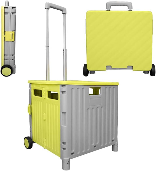 50L Foldable Utility Cart - Yellow and Grey│40KG Collapsible Basket with 2 Wheels