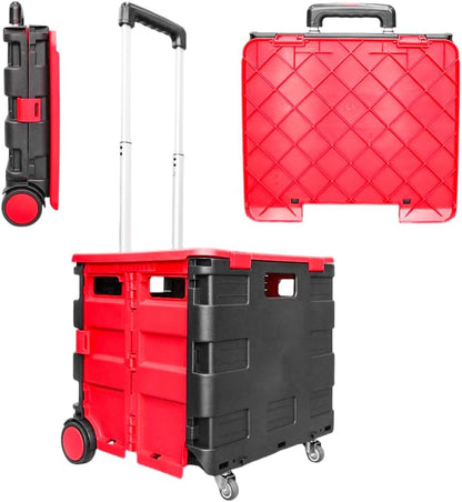 88lbs Foldable Utility Cart - Red and Black │40KG Multipurpose Shopping Trolley with 4 Wheels