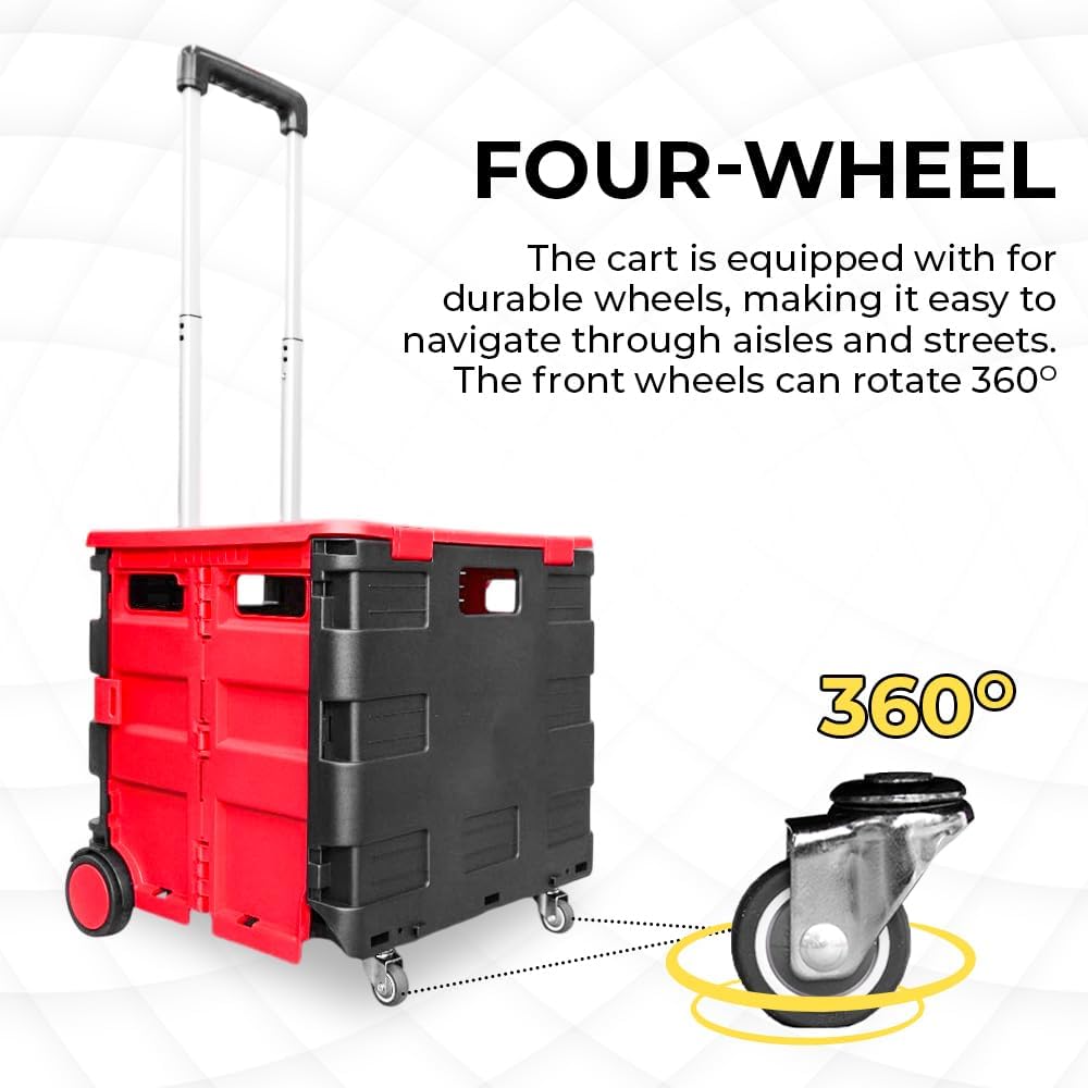 88lbs Foldable Utility Cart - Red and Black │40KG Multipurpose Shopping Trolley with 4 Wheels