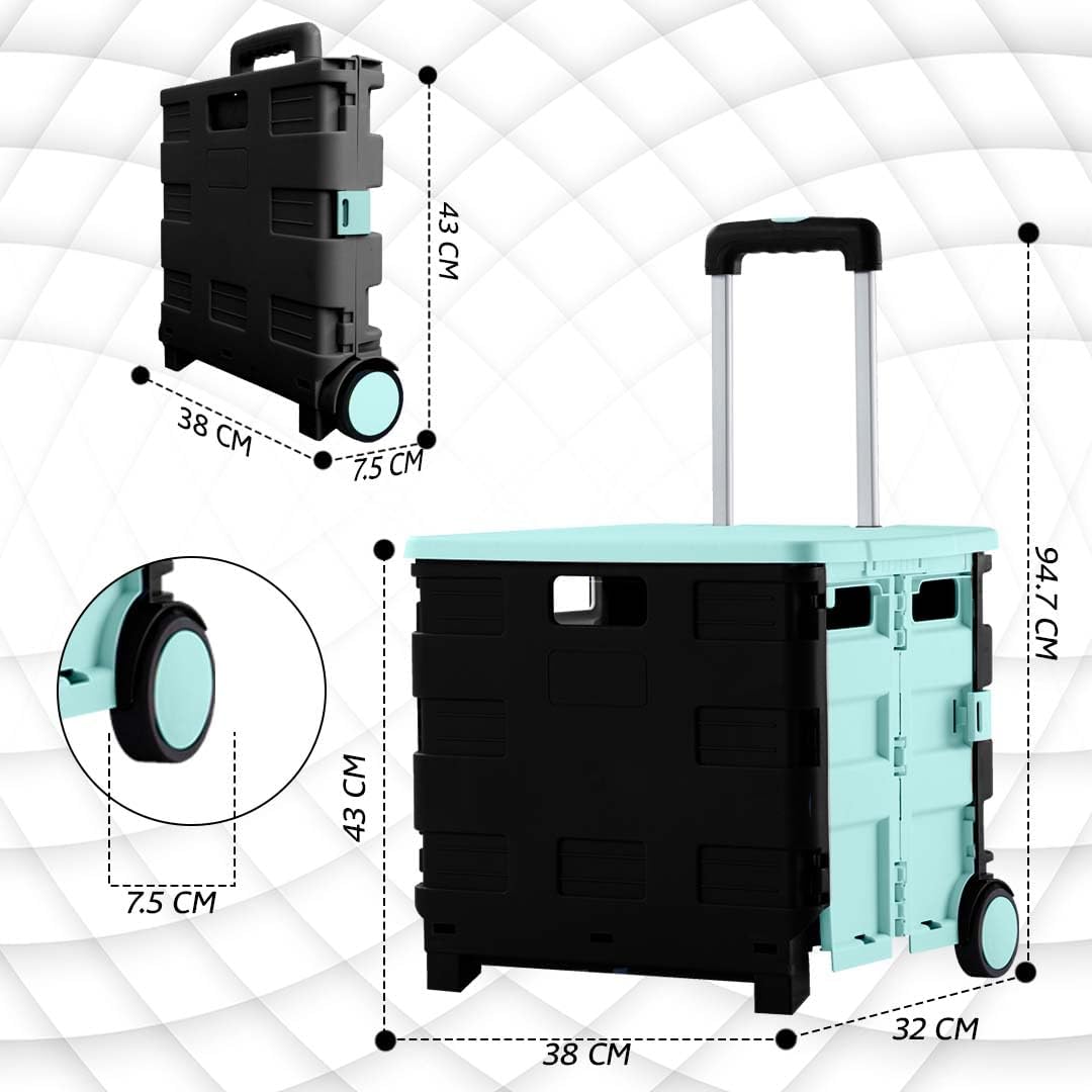 88lbs Foldable Shopping Trolley - Mint Green and Grey│40KG Plastic Trolley Cart with 2 Wheels