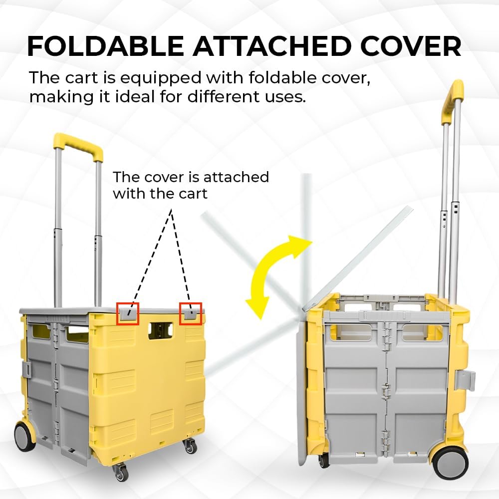 88lbs Foldable Utility Cart - Yellow and Grey │40KG Multipurpose Shopping Trolley with 4 Wheels