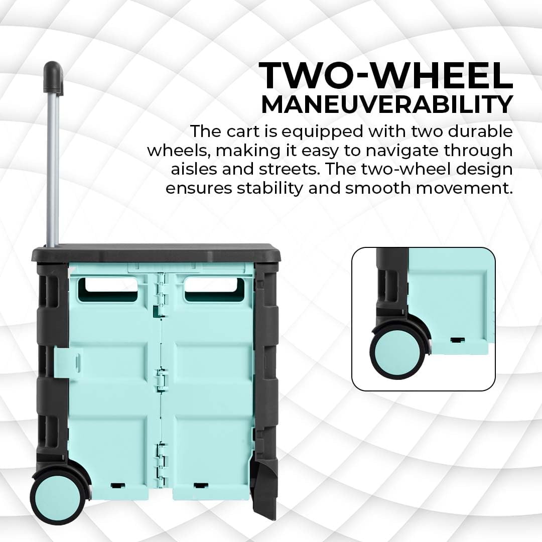 88lbs Foldable Shopping Trolley - Mint Green and Grey│40KG Plastic Trolley Cart with 2 Wheels