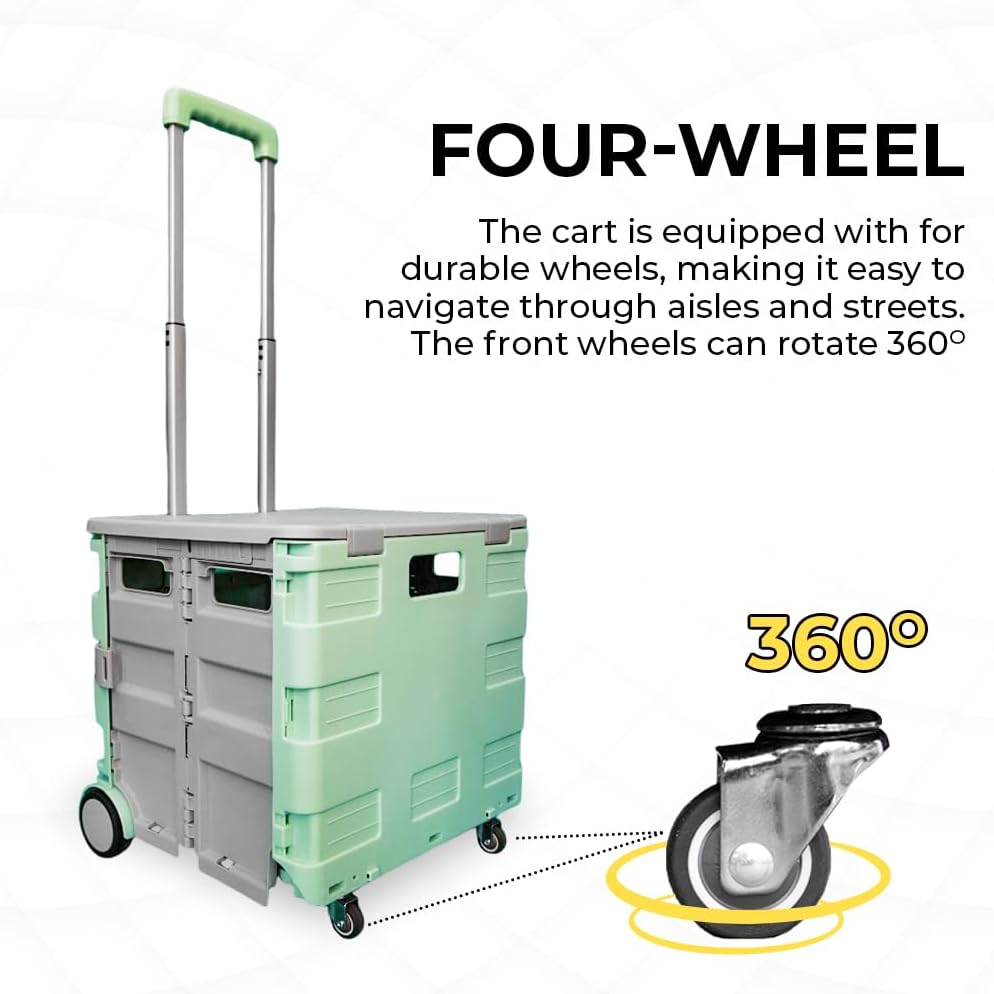 88lbs Foldable Utility Cart - Mint Green and Grey │40KG Multipurpose Shopping Trolley with 4 Wheels