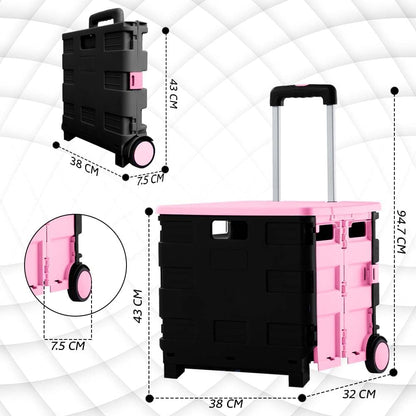 88lbs Foldable Shopping Trolley - Pink and Grey│40 KG Plastic Trolley Cart with 2 Wheels