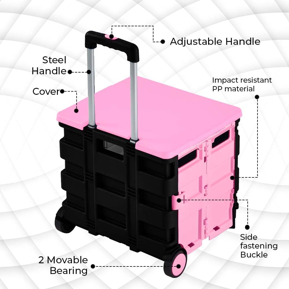 88lbs Foldable Shopping Trolley - Pink and Grey│40 KG Plastic Trolley Cart with 2 Wheels