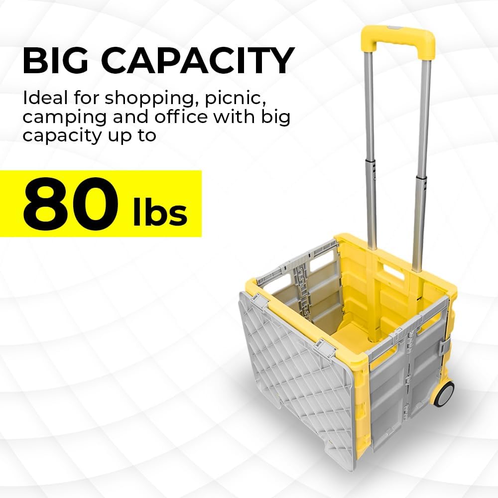 88lbs Foldable Utility Cart - Yellow and Grey │40KG Multipurpose Shopping Trolley with 4 Wheels