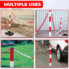 chain red and white striped poles with chains in various settings.