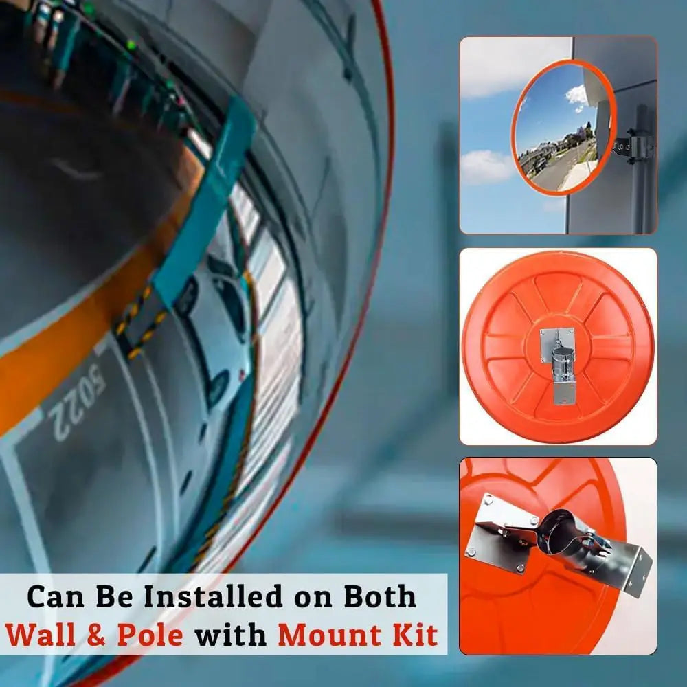 Orange safety mirror with mounting bracket.