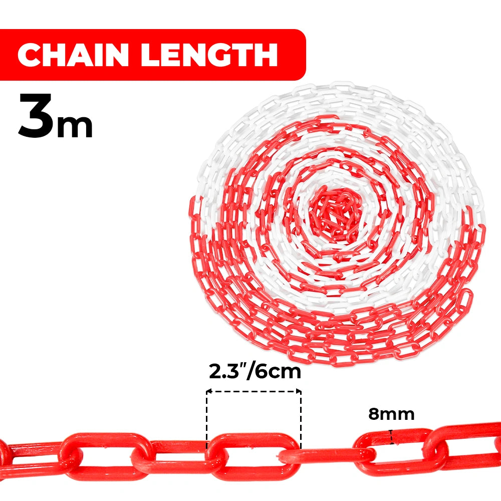 Red chain with measurements on a white background