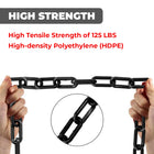 Black chain held by hands with text highlighting high tensile strength and HDPE material.