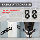 Black easily attachable hooks with text on a gray background