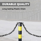 Long-lasting plastic chain with a black and yellow barrier post on a gray background, emphasizing durability.