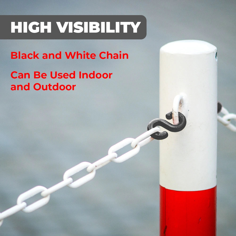 High visibility black and white chain on a red and white post with text about its use indoors and outdoors.