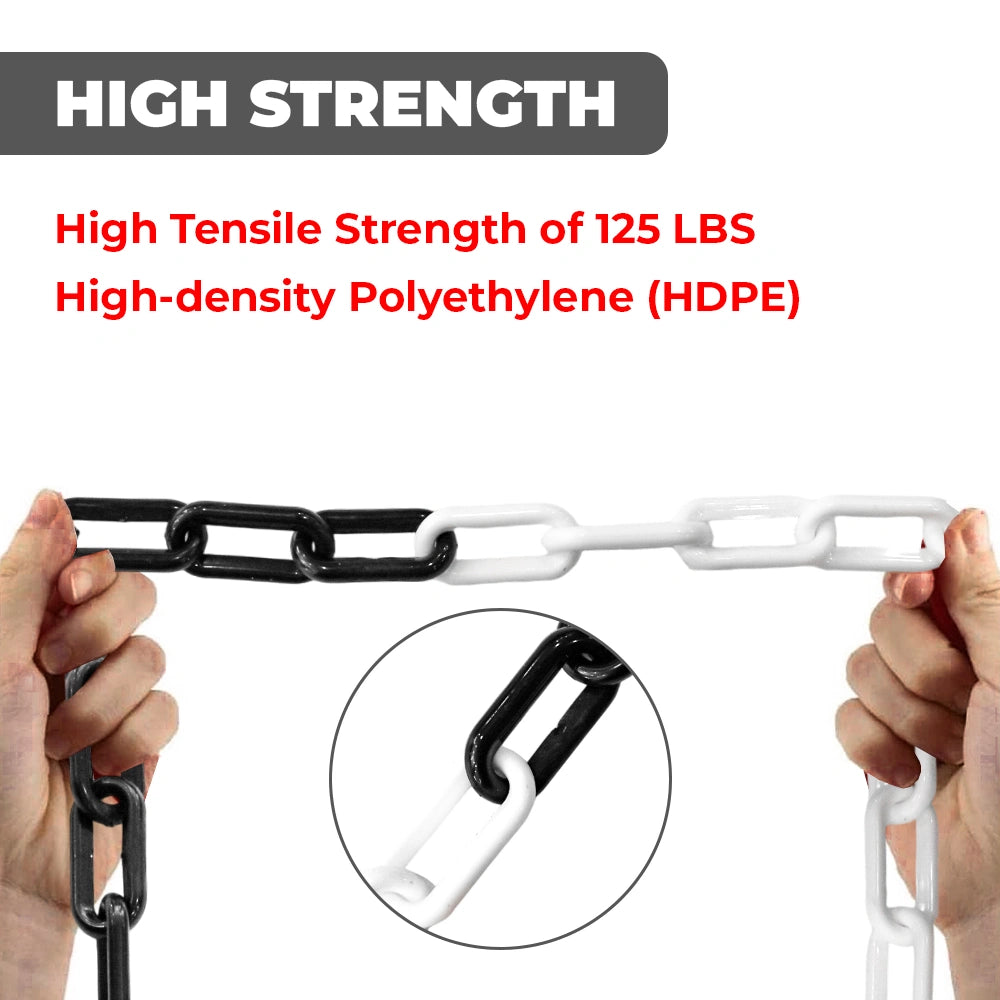 Two hands holding a black and white chain with