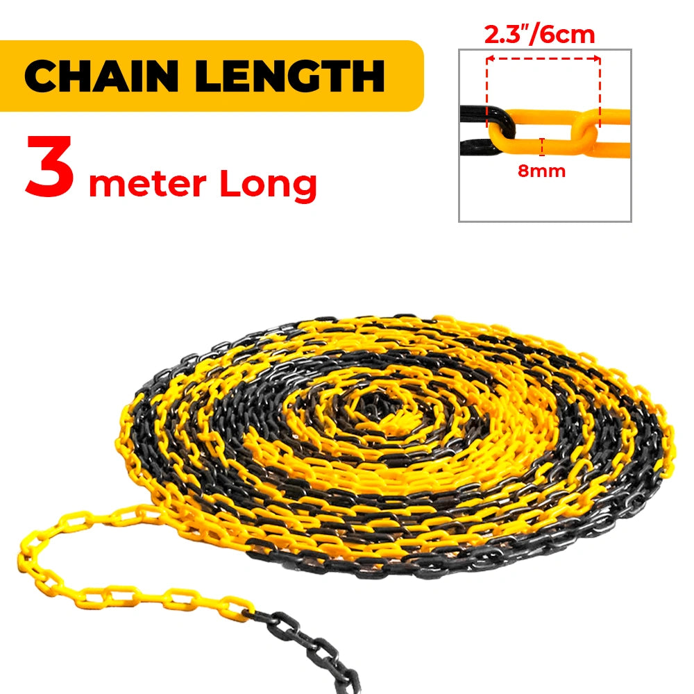 Yellow and black chain with measurement details on a white background