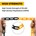 Two hands holding a black and orange chain with text about high tensile strength and HDPE material.