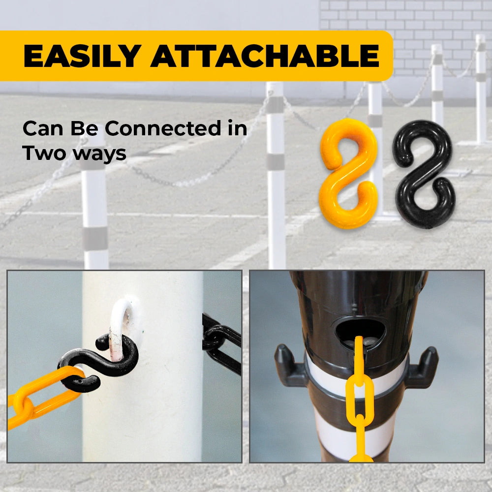 Two hooks, one yellow and one black, with text indicating they can be easily attached and connected in two ways.