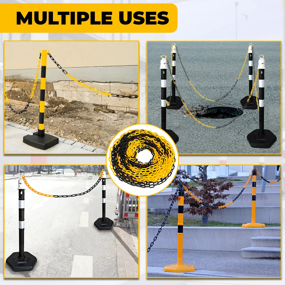safety stanchions with chain and rope, used for various purposes including construction sites and pedestrian control.