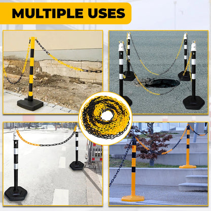 safety stanchions with chain and rope, used for various purposes including construction sites and pedestrian control.