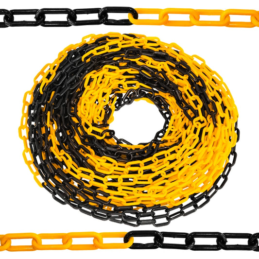 Coiled black and yellow chain on a white background