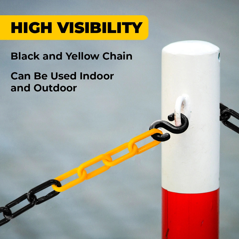 High visibility black and yellow chain attached to a white and red post with text on a gray background.