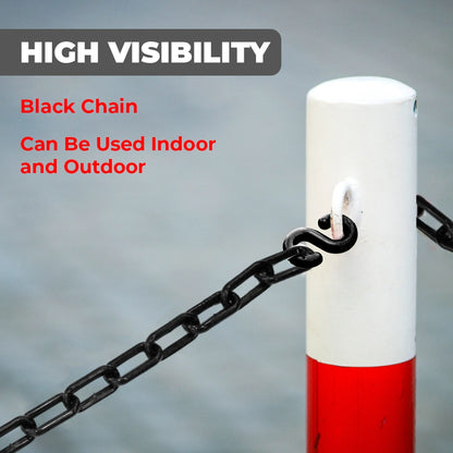 Black chain attached to a red and white pole with text about high visibility and usage.