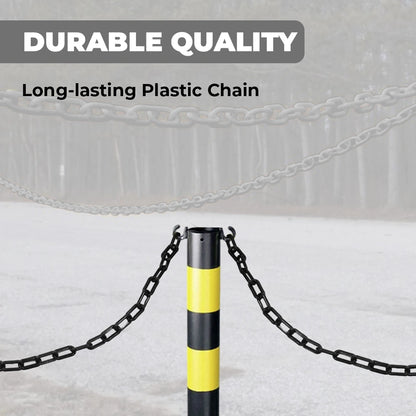 Long-lasting plastic chain with a black and yellow barrier post on a gray background, emphasizing durability.