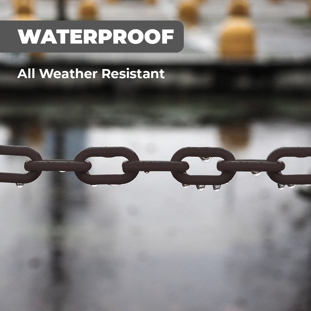 Chain with water droplets on a blurred background with 'Waterproof' text overlay