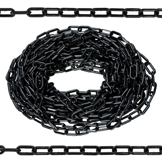Coiled black chain on a white background