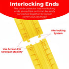 Yellow cable protector with interlocking ends and text explaining