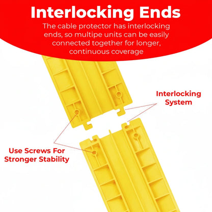 Yellow cable protector with interlocking ends and text explaining
