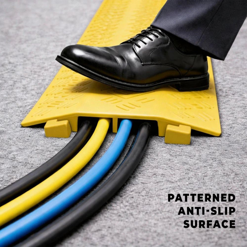 Yellow anti-slip cable cover with black and blue cables