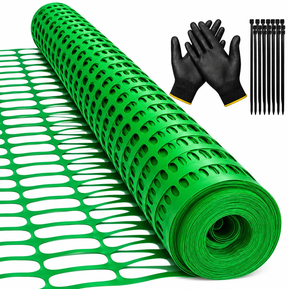 Garden Fence Animal Barrier 3.6 ft × 100 ft, Black HDPE Safety Netting with Work Gloves
