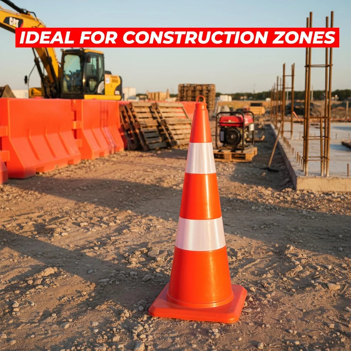 Orange traffic cone on a construction site with text 'Ideal for Construction Zones'.