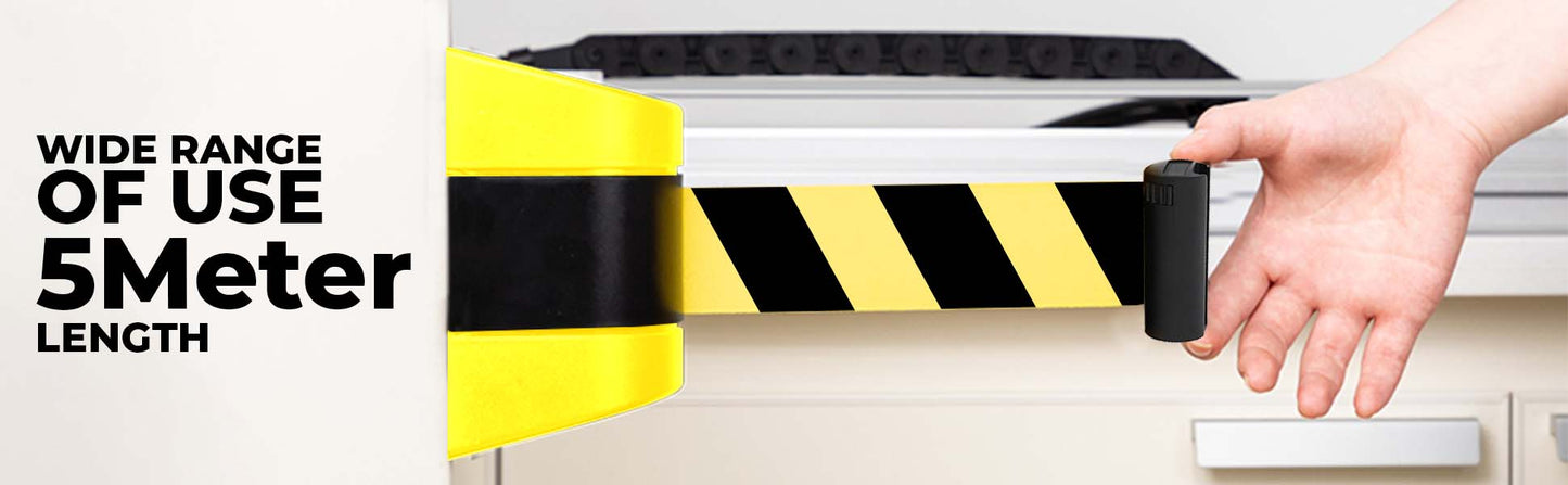 5 Meter Queue Barrier Belt - Yellow Retractable Belt Wall Mount