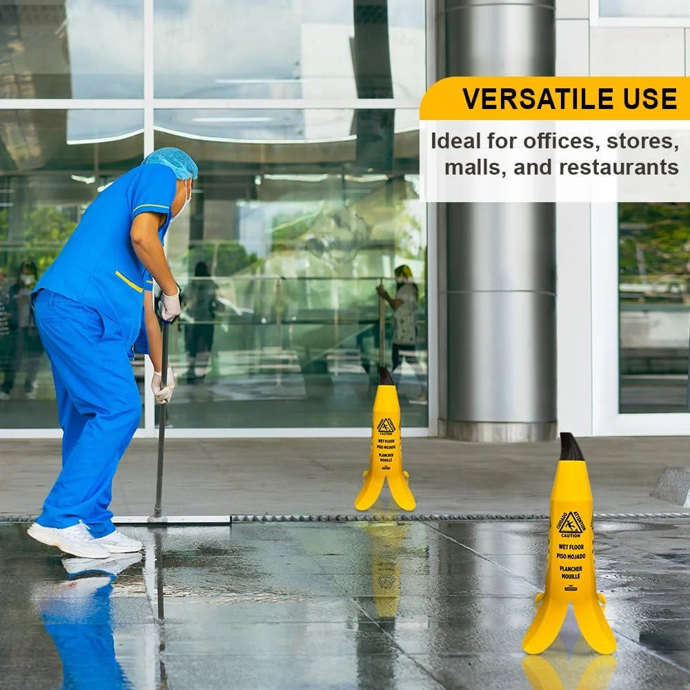 yellow banana cone wet floor safety sign for cleaning areas