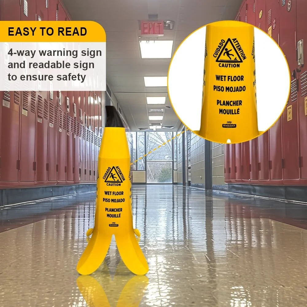 yellow banana wet floor cone safety caution sign for slippery areas