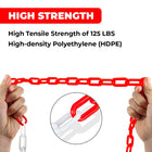 Red chain held by hands with text about high tensile strength 