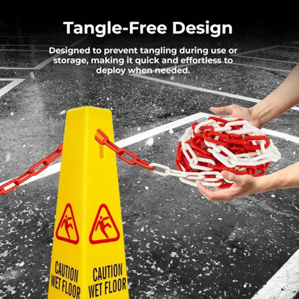 Yellow caution cone with red and white chain,
