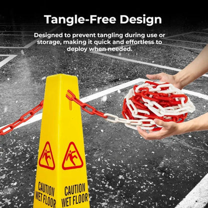 Yellow caution cone with red and white chain,