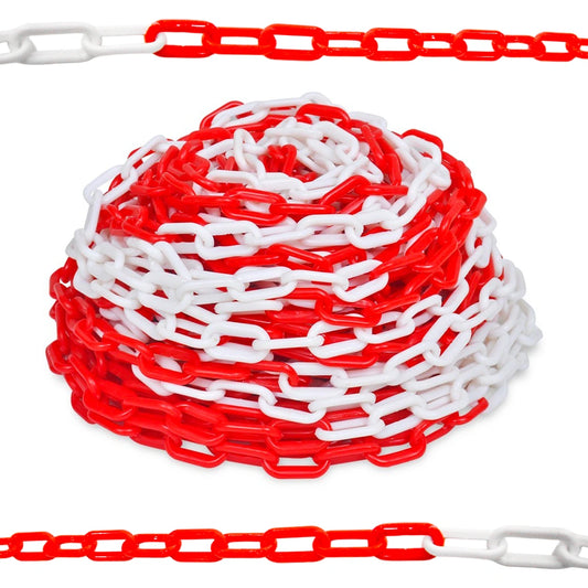 Red and white chain fence on a white background