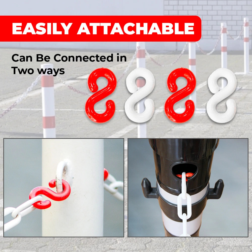 Plastic chain with red and white attachments, showing how to connect in two ways 