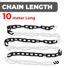 Three lengths of chain labeled '10 meter Long' on a white background