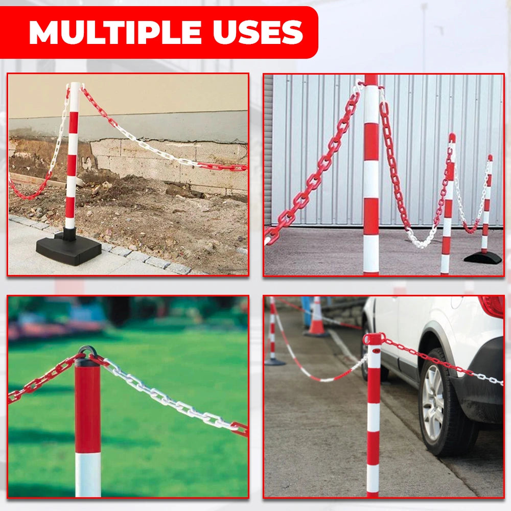 Collage of red and white striped poles with chains in various settings.