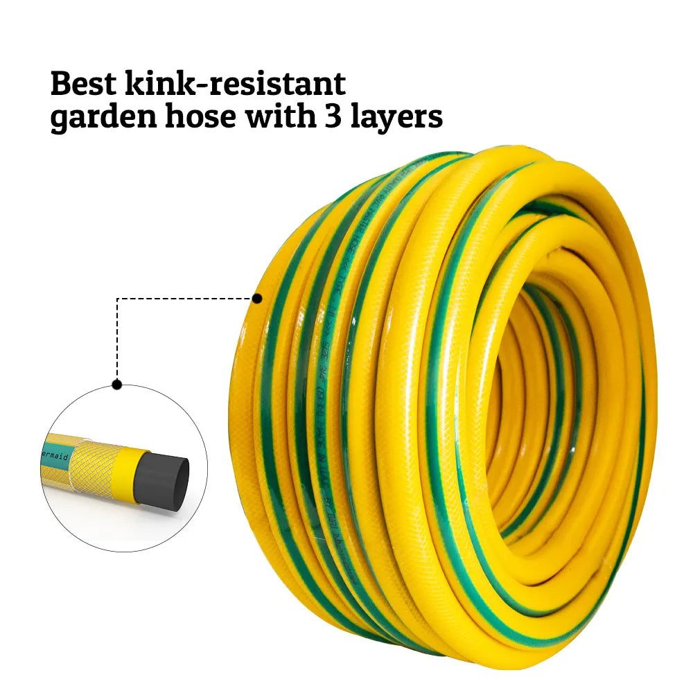 Yellow garden hose with green stripes and a close-up of the nozzle on a white background.