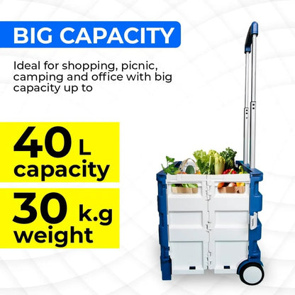 Berry 40 KG Foldable Shopping Trolley - Blue and White, Plastic Trolley Cart 