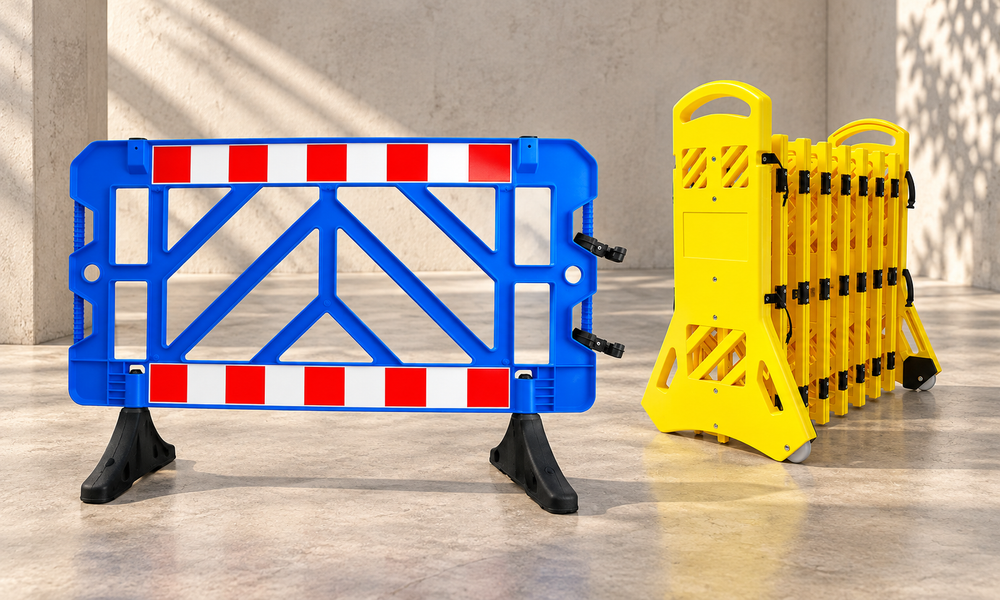 Biri blue chevron-braced road barricade beside the folded yellow heavy-duty expandable barrier