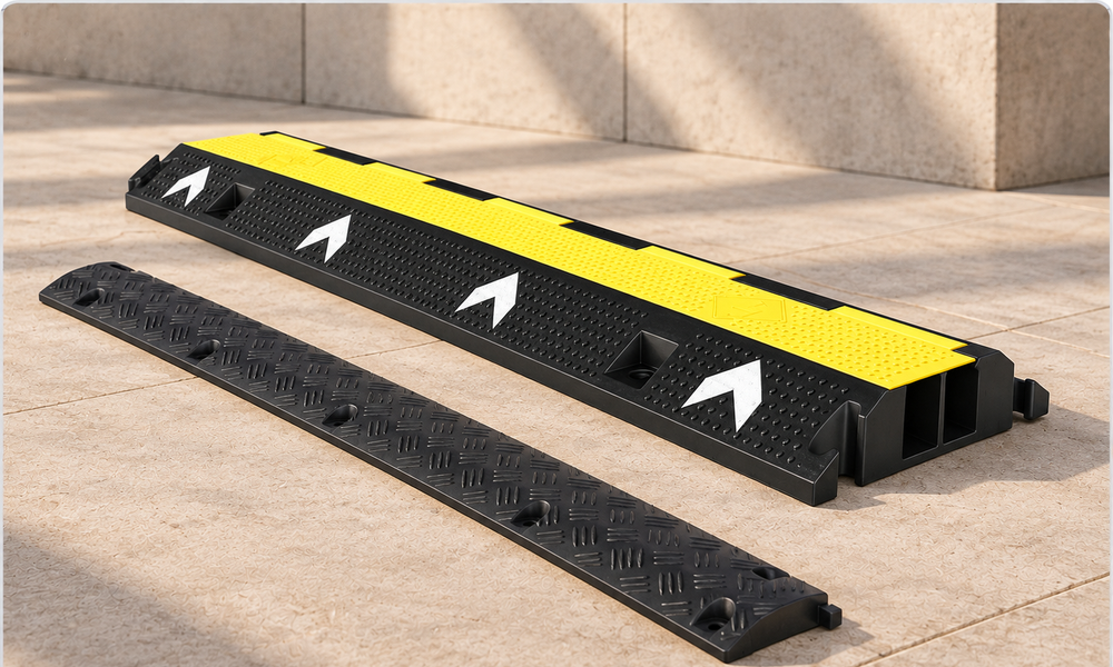 Yellow-and-black cable protector beside a black floor cable cover