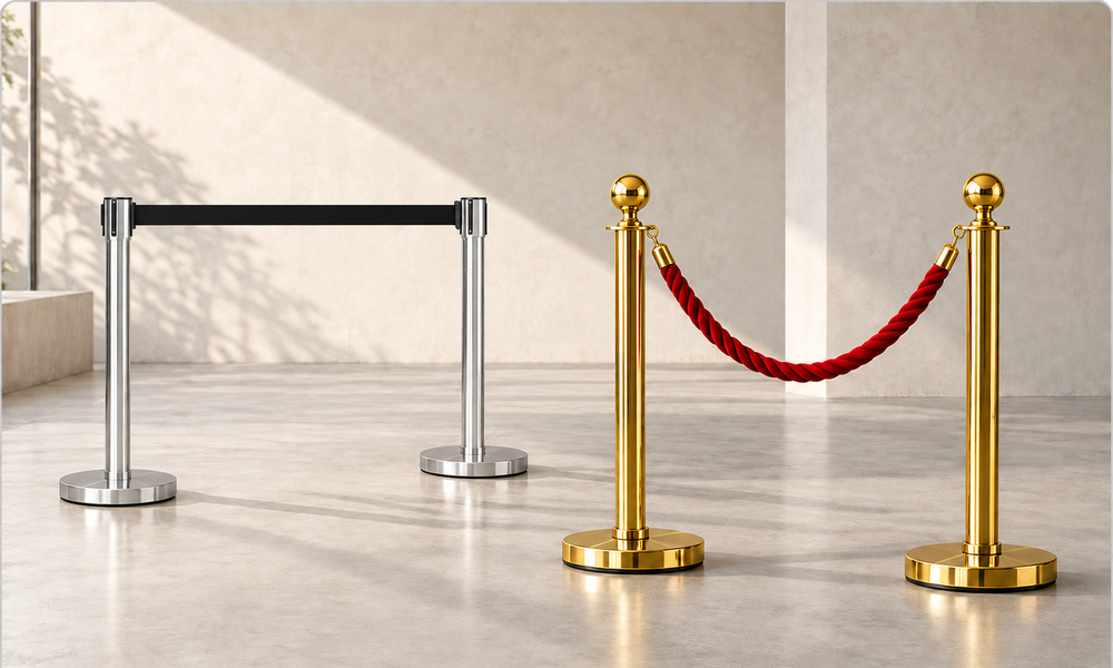 Gold rope stanchions alongside silver retractable-belt posts